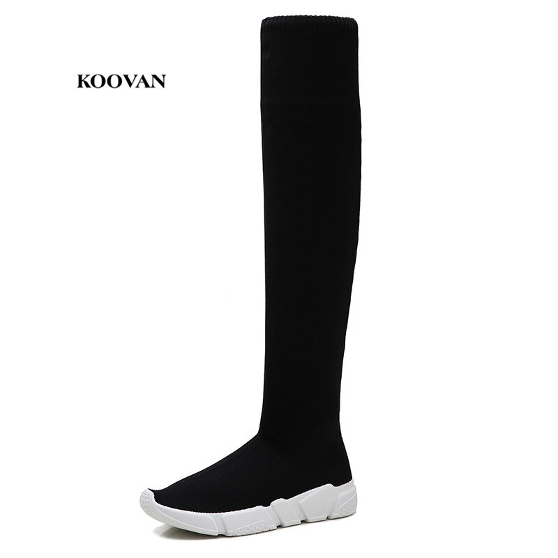 Koovan dam over the knee boots långa skor tjejer tunn resår hög dam boots plattor vilda strumpor skor sexiga: Svart hög / 8