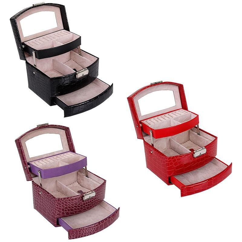 Automatische leren sieradendoos met drie lagen, opbergdoos voor dames, oorbellen, cosmetica-organizer, kistje voor decoraties