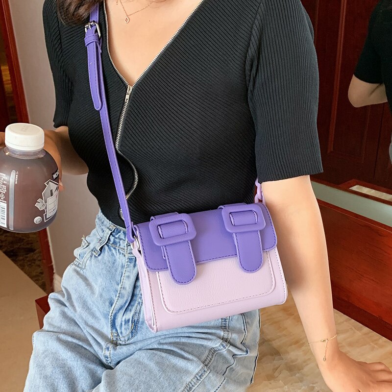 Contrast color Leather Crossbody Bags For Women Travel Handbag Simple Shoulder Messenger Bag Ladies Cross Body Bag