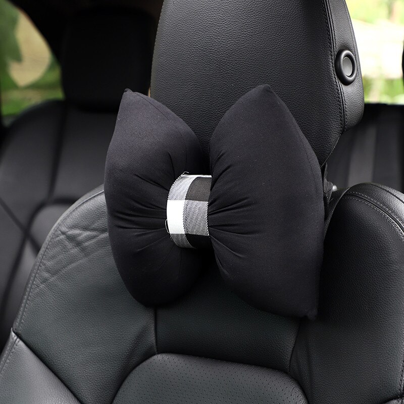 Oreiller avec nœud papillon pour appui-tête de voiture, 1 pièce, appui-tête à carreaux rouges, oreiller lombaire à carreaux noirs, coussin de siège, Kawaii, accessoires de voiture: Black Headrest