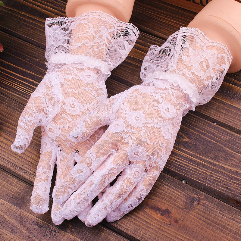 Guantes de encaje calados para protección solar, encaje delicado patrón Jacquard, accesorios de boda: Blanco