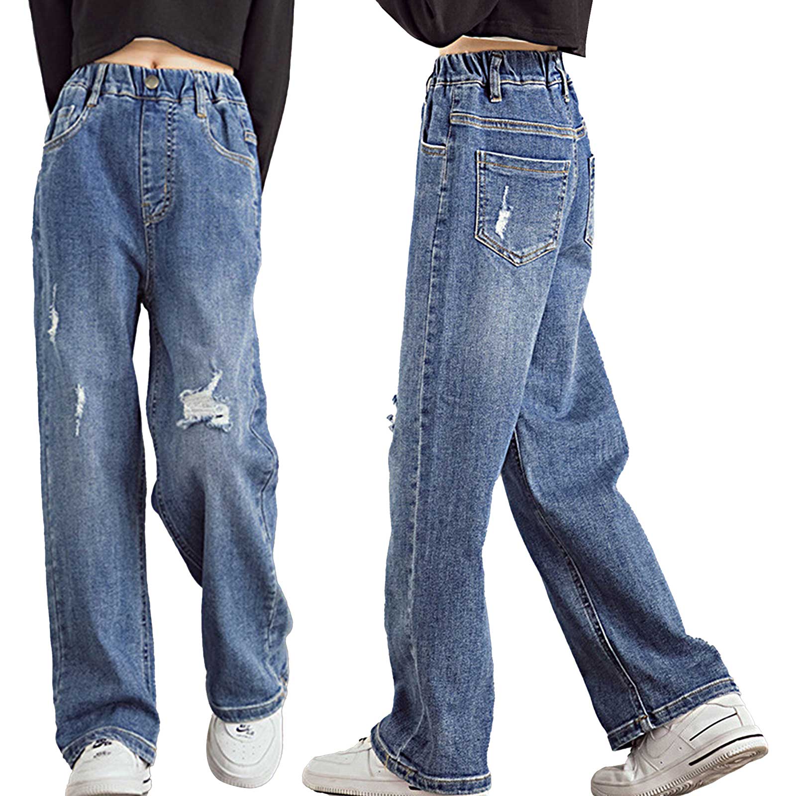 Kids Meisjes Jeans Stijlvolle Kleding Elastische Tailleband Denim Ripped Wijde Pijpen Casual Broek Met Multi-Zakken Kids Slipje Herfst