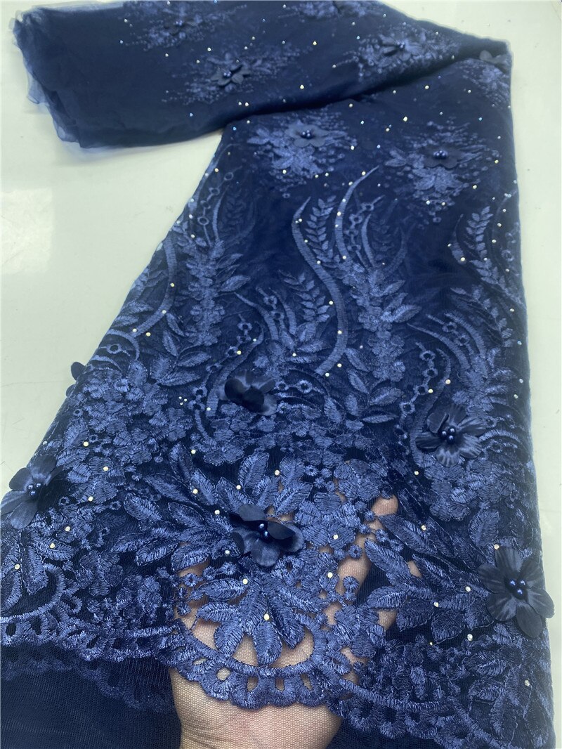 Blue Nigerian 3D Beaded Lace Fabrics African Lace Fabric Lace French Lace Fabric For Wedding Sewing YA3702B-4