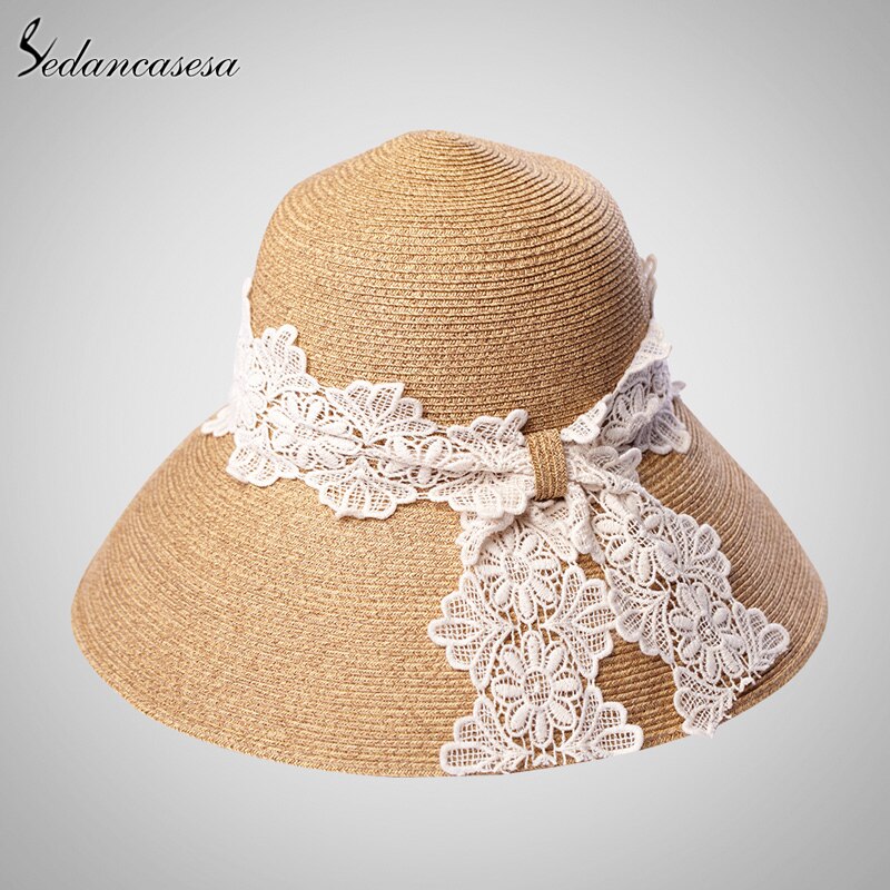 Summer Ladies Summer Straw Hat With Lace Sun Visor Wide Brim Hats For Women SW129002