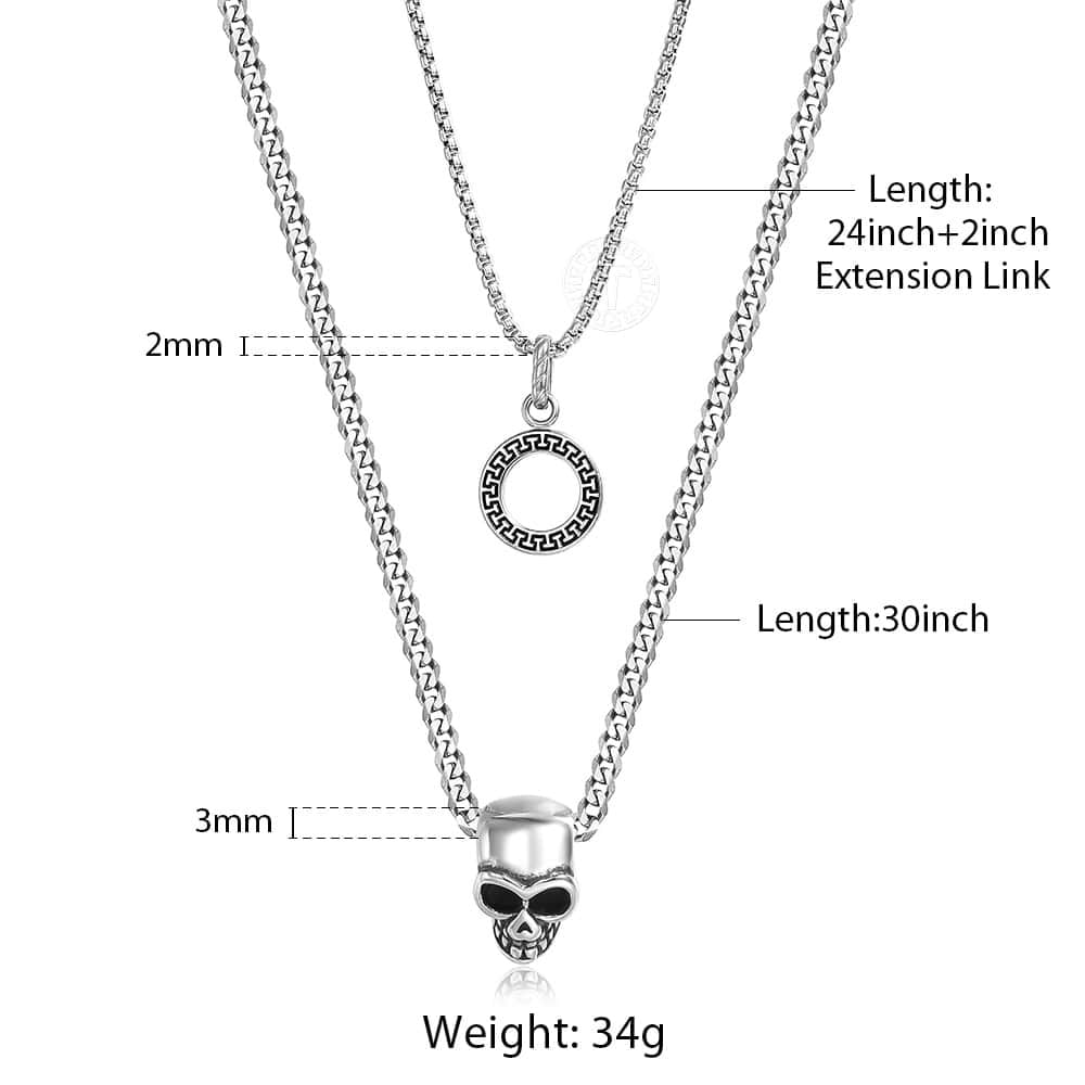 Double layer Circle Skull Pendant Charm Choker Necklace Men Women Vintage Punk Curb Cuban Link Chain jewelry TNS015