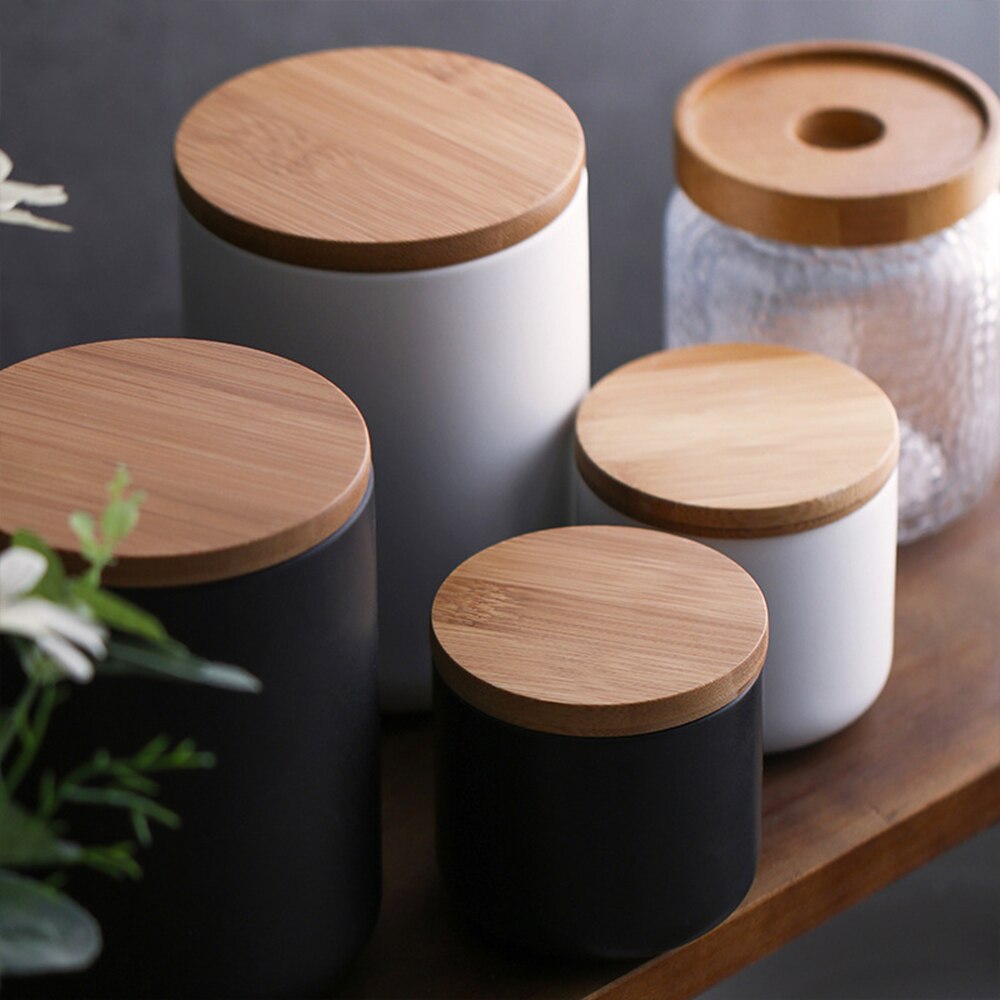 Kitchen Storage Organization Set Ceramic Storage Bottle Jar with Bamboo Lid Kitchen Canisters Seasoning Desktop Decoration