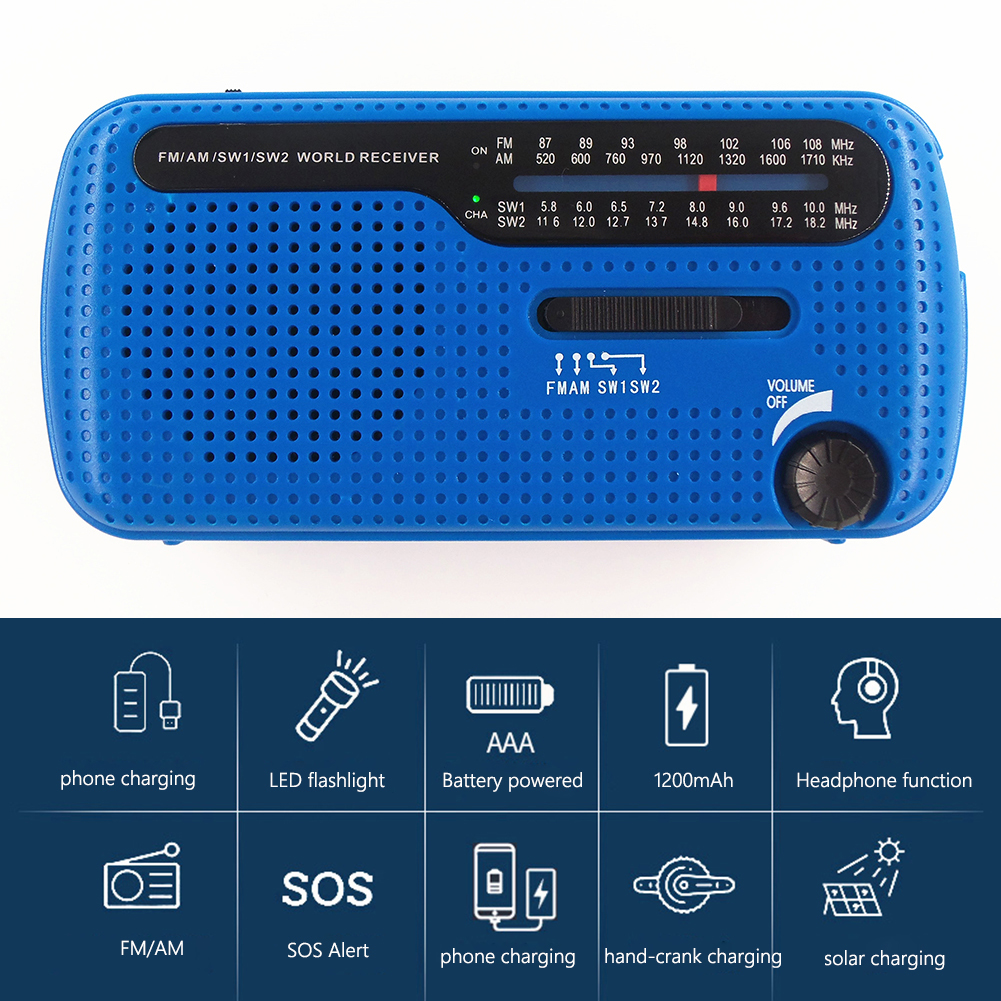 Radio portátil de mano alimentada por dinamo Solar, carga USB, FM, AM, WB, NOAA, multifuncional, meteorológica, con linterna LED, Banco de energía: B Blue