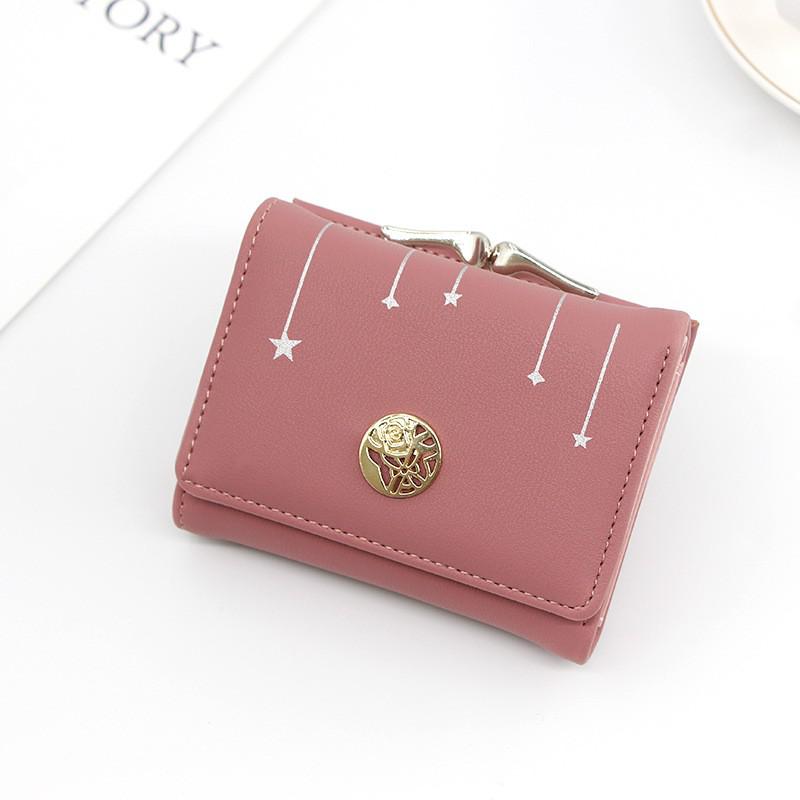 Kort damepung femtakket stjerneprintet lille møntpung kvindelig clutch mini læder kreditkortholder: Lyserød