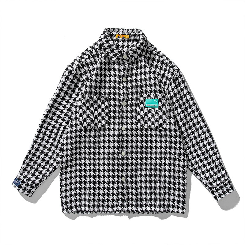 Houndstooth Frayed Tweed Jacket Coat Men Black Plaid Shirts Vintage Loose Long Sleeve Pockets Male Outerwear Chic Casual Tops