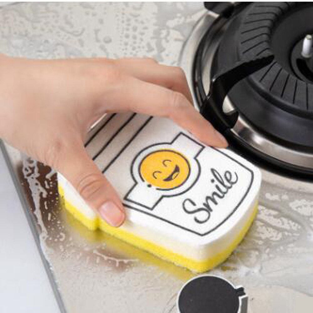 4PCS Multifunctional Kitchen Cleaner Sponges Strong Decontamination Dish Washing Cloth Scouring Pads Smiley Face Thick