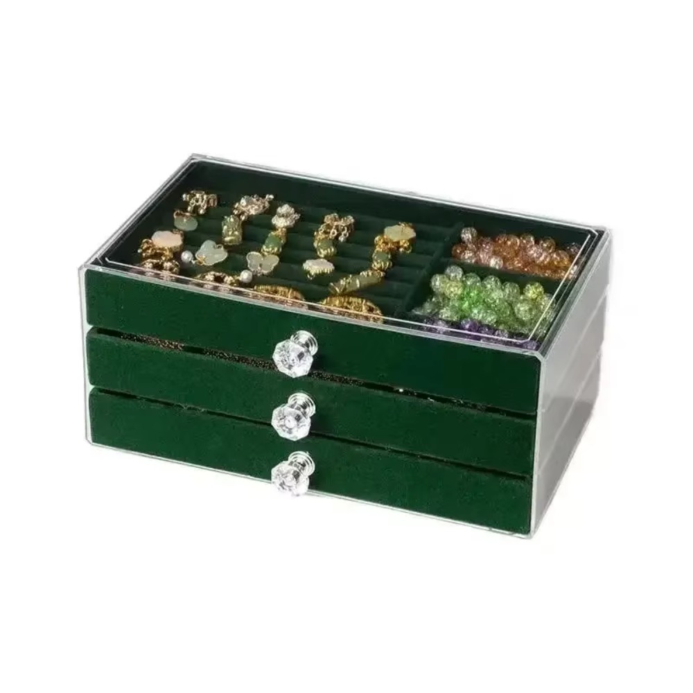 Acrylic Velvet Jewelry Organizer with 3 Drawers Stackable Display Storage Earrings Necklace Bracelets Box Holder Case for Women: green