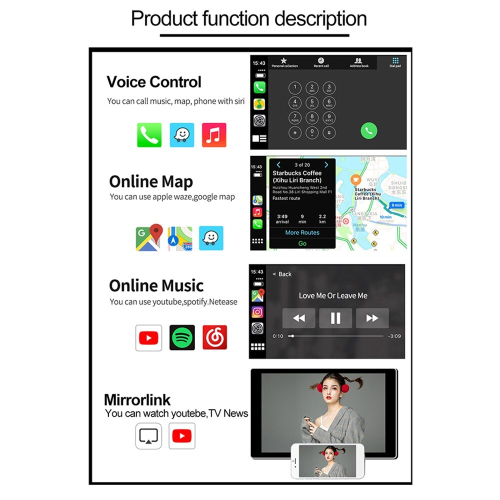Hvit trådløs carplay bil link dongle til ios android gps navigasjon vise bil stereo telefon skjerm lenke bil vise dongle