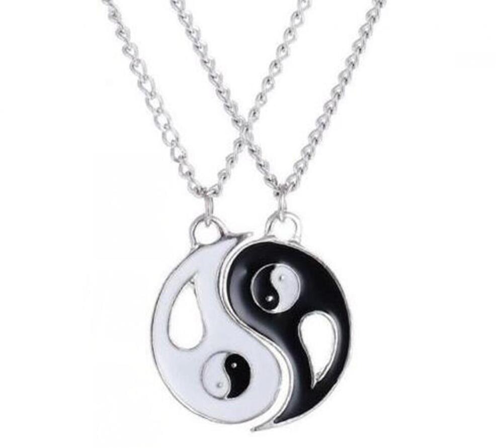 1PCS Vintage Yin Yang Leather Necklaces 2 Pendants Best Friend Lovers YING YANG Necklace Set couple: Silver Plated / 60cm