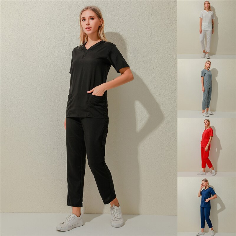 Vrouwen Mannen Werkkleding Korte Mouwen V-hals Tops + Broek Verpleging Werken Uniform Pak Scrub Uniform Overalls Kleding