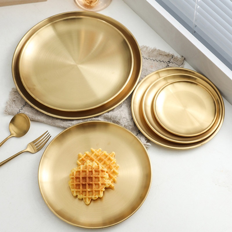 Kitchen Stainless Steel Dinner Plate Gold Dining Plate European Style Dinner Plate Cake Tray Western Steak Restaurant Plates