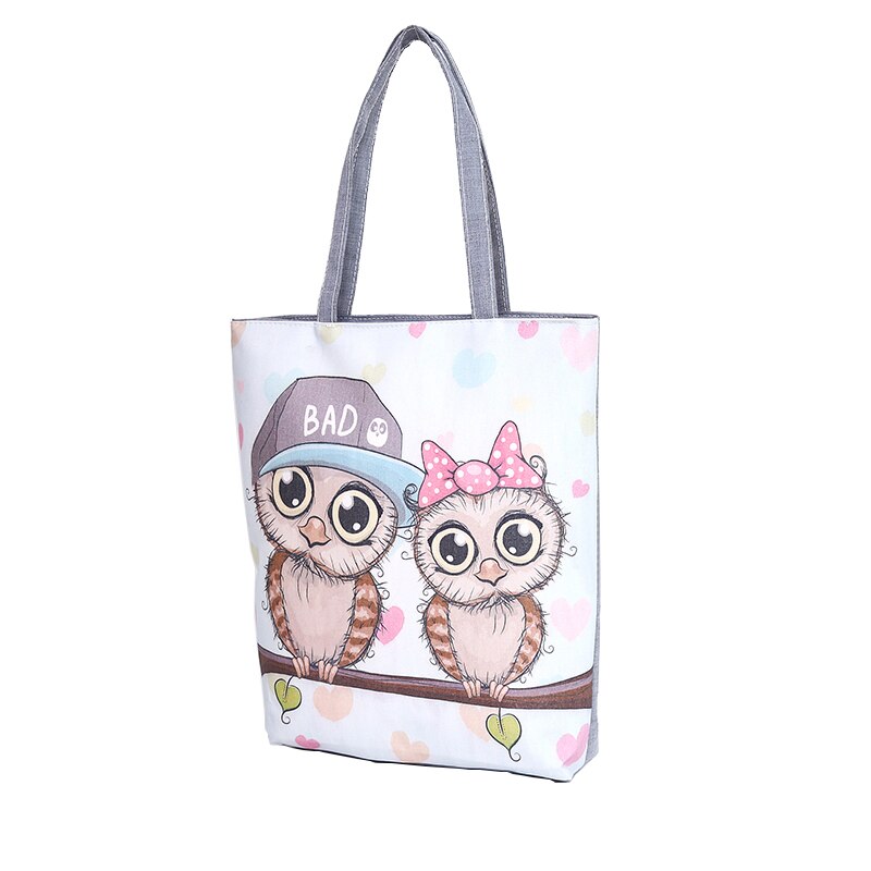 Yogodlns Cartoon Uil Gedrukt Shoudler Bag Vrouwen Canvas Strandtas Vrouwelijke Canvas Handtas Dagelijks Gebruik Schouder Boodschappentassen