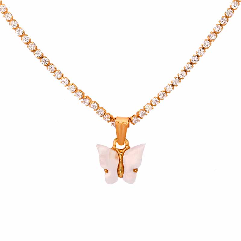 Trendy 2mm AAA Zircon Tennis Chain Necklace For Women Blue Pink Butterfly Pendant Necklace Hip hop Rock Jewelry: 031903W