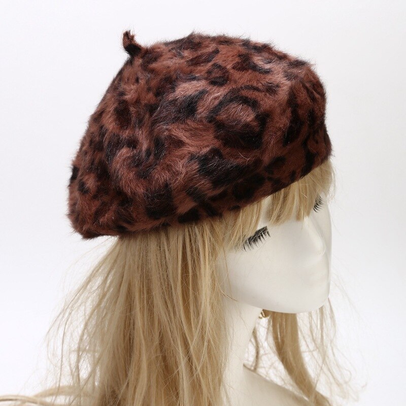 Boinas de leopardo con pelo de conejo peludo para mujer, sombreros de punto con estampado de animales, cálidos y acogedores, novedad, , invierno,: Castaño