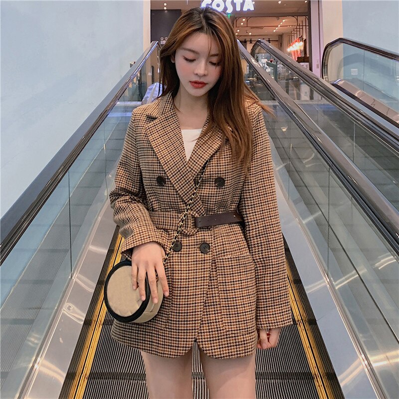 Aelegantmis-costume Vintage pour femme, Blazer à carreaux longs, vêtements d'extérieur d'affaires avec ceinture, Style anglais, printemps automne