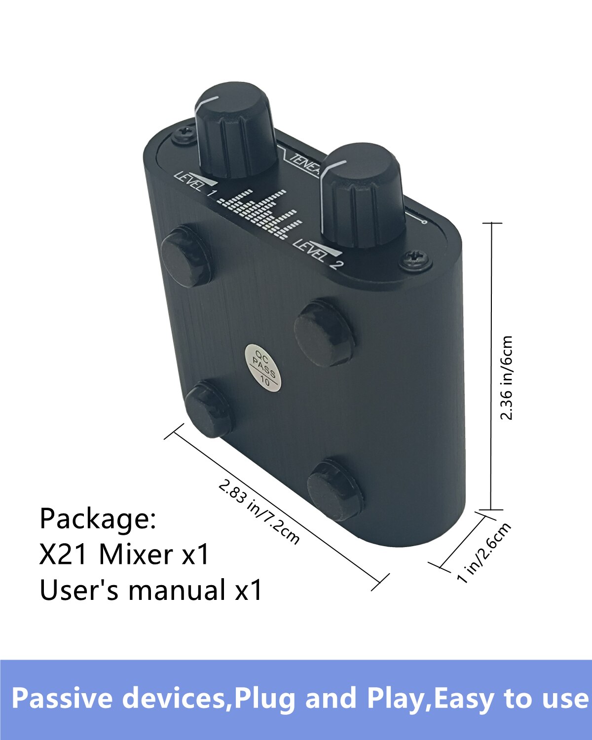 (X21) 2 Way Audio mixer 3.5mm Un-powered mixer, 2 to 1 Stereo aux 3.5mm line levels control Box mini passive mixer