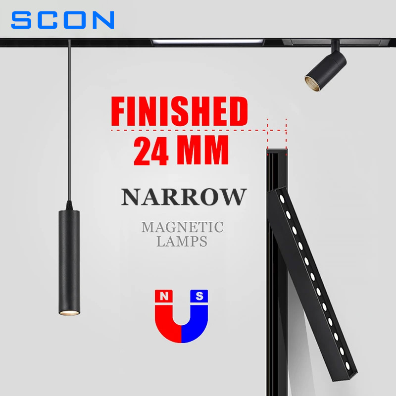 SCON Narrow Magnetic Track Light Borderless Recessed Rail Lighting Living Room Kitchen Ceiling Spotlight Mini Track Light