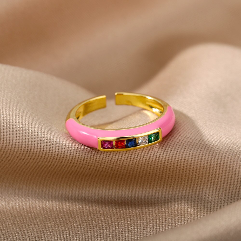 Rainbow Enamel Druipend Olie Zirkoon Ring Voor Vrouwen Rvs Goud Verstelbare Snoep Ringen Partij Sieraden Bijoux Femme: JZ2630G-5