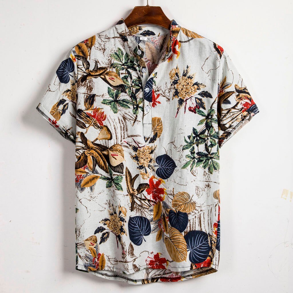 Mens Etnische Korte Mouwen Casual Katoen Linnen Afdrukken Hawaiian Shirt Blousemen 'S Mode Print Shirt