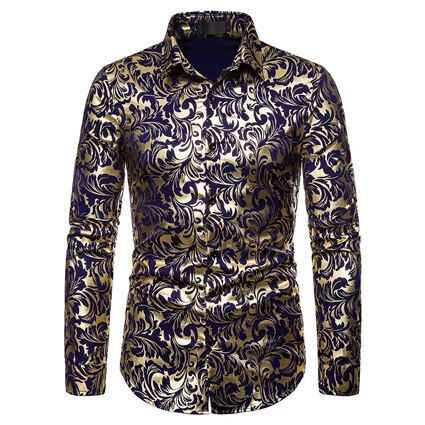 Männer Paisley Gold glänzend drucken Kleid Hemden Luxus -Geschmack schlank passen Stilvolle Hemd Männer Hochzeit Partei Bankett Hemd: Marine / uns Größe S