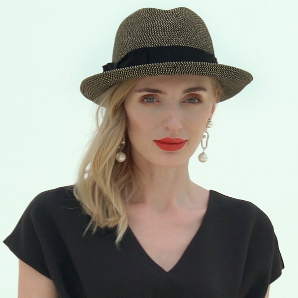 FS 2022 Gold Jazz Sun Hat For Women Ribbon Bow Straw Floppy Wide Brim Hats Casual Beach Hats Sunscreen Chapeau Femme