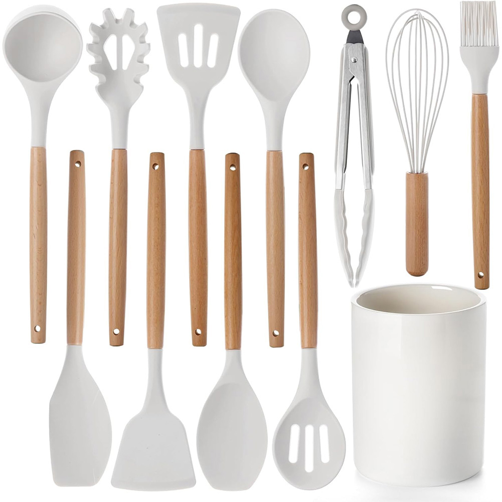 12Pcs Kitchen Utensil Set Cooking Tools Kit with Holder Heat-Resistant Cookware Spatula Spoon Brush Whisk Kitchen Supplies