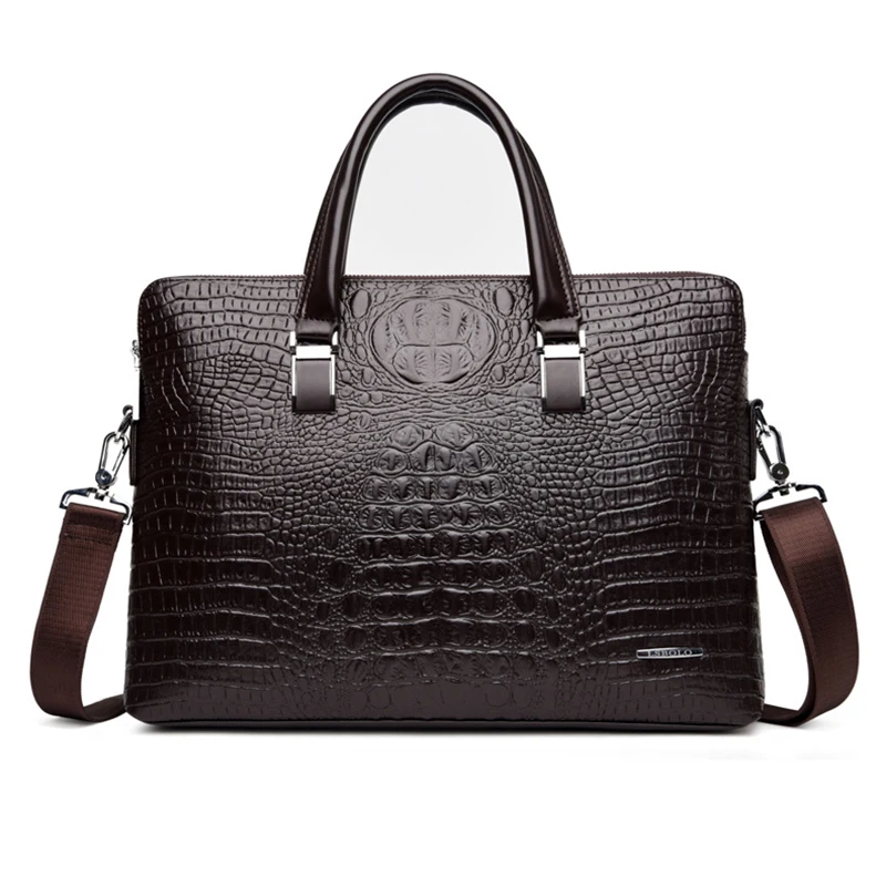 Briefcase Bag for Man PU Leather Crocodile Tote Handbag Laptop 14 Male Shoulder Business Messenger Crossbody Side WT201: Brown