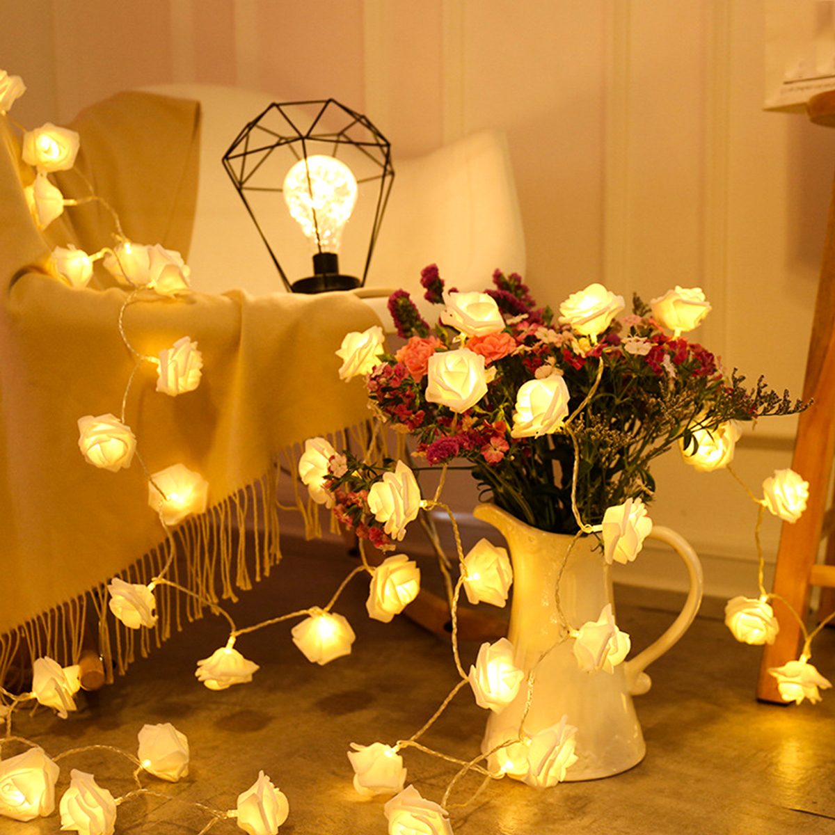 Guirnalda de luces LED con forma de rosa de 2m y 10LED, decoración de boda y cumpleaños, del Día de San Valentín, decoración de árbol de Navidad para el hogar y al aire libre