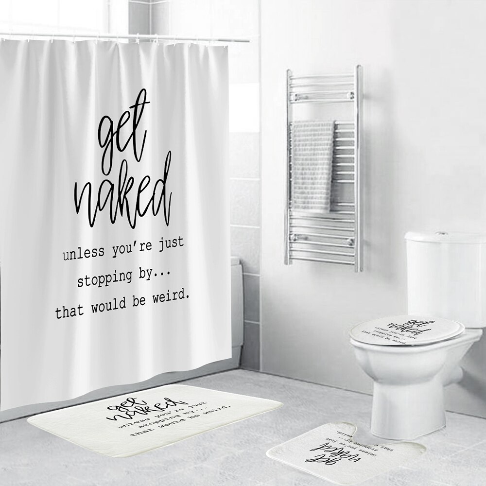 Quote Print White Shower Curtain Polyester Bathroom Set 4 Piece Toilet Cover Non-slip Mat For Bathroom DIY Decor: 4 Pieces Set / 180x180cm