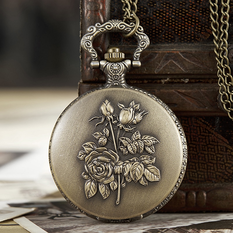 Ancient Pocket Watch Fob Chain Flower Rose Engrave Clock Mens Flip Bronze Case Watch Vintage Male Watches for Men Women