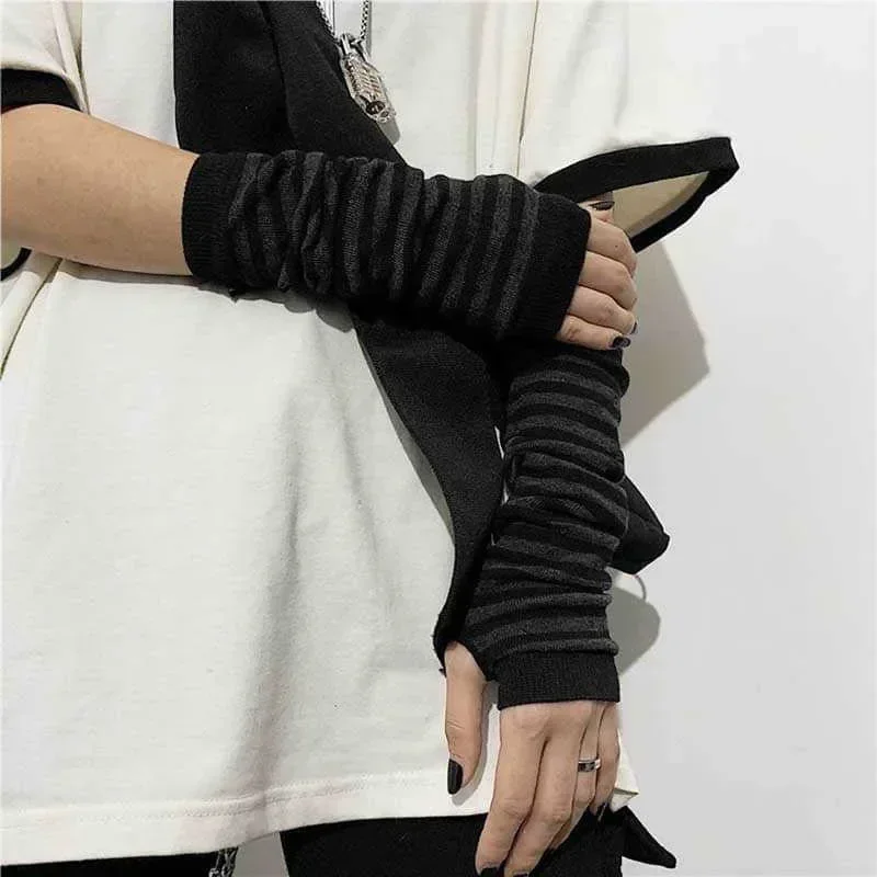 Gant gothique Lolita pour femmes et hommes, couvre-bras, Harajuku, chauffe-bras rayé, sans doigts, Punk, Long bracelet, Y2K, gants pour filles: Black