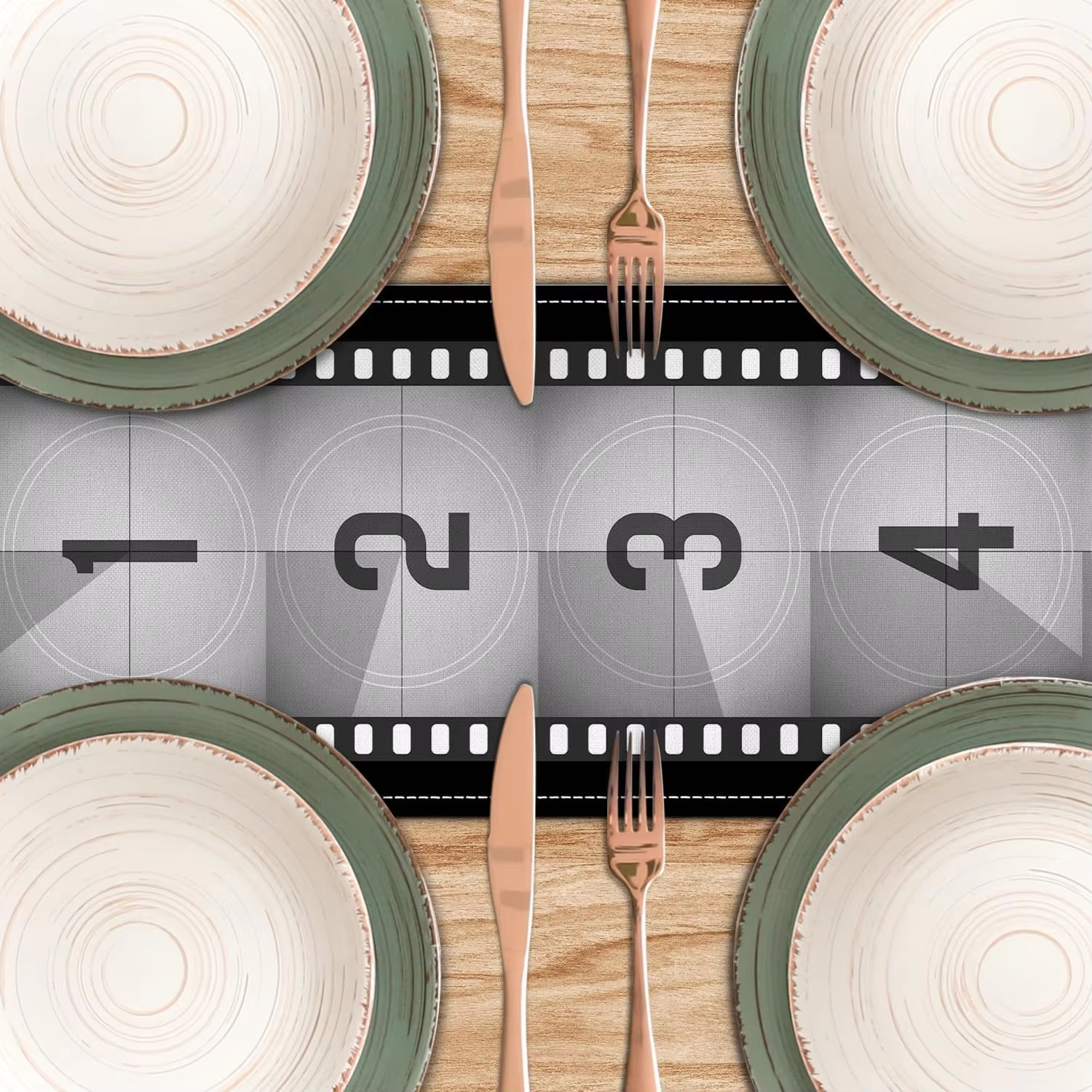 Filmthema tafelloper countdown, zwart wit linnen voor keukenfestival en feestsetting