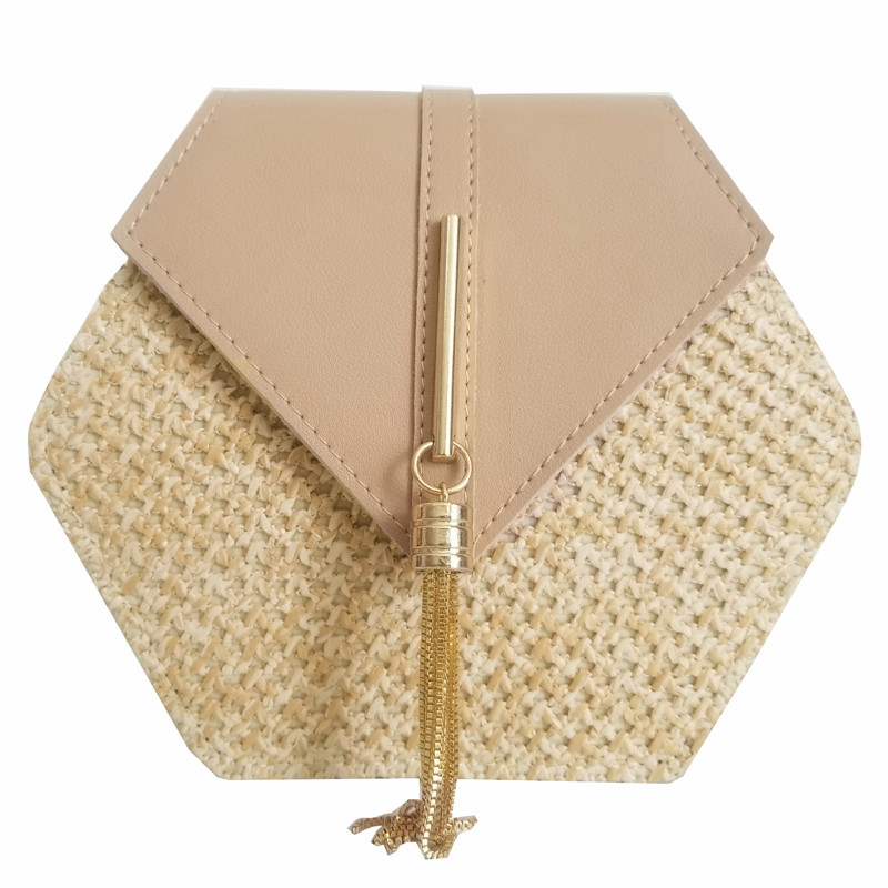 Hexagon Mulit Style Straw+leather Handbag Women Summer Rattan Bag Handmade Woven Beach Circle Bohemia Shoulder Bag: Khaki