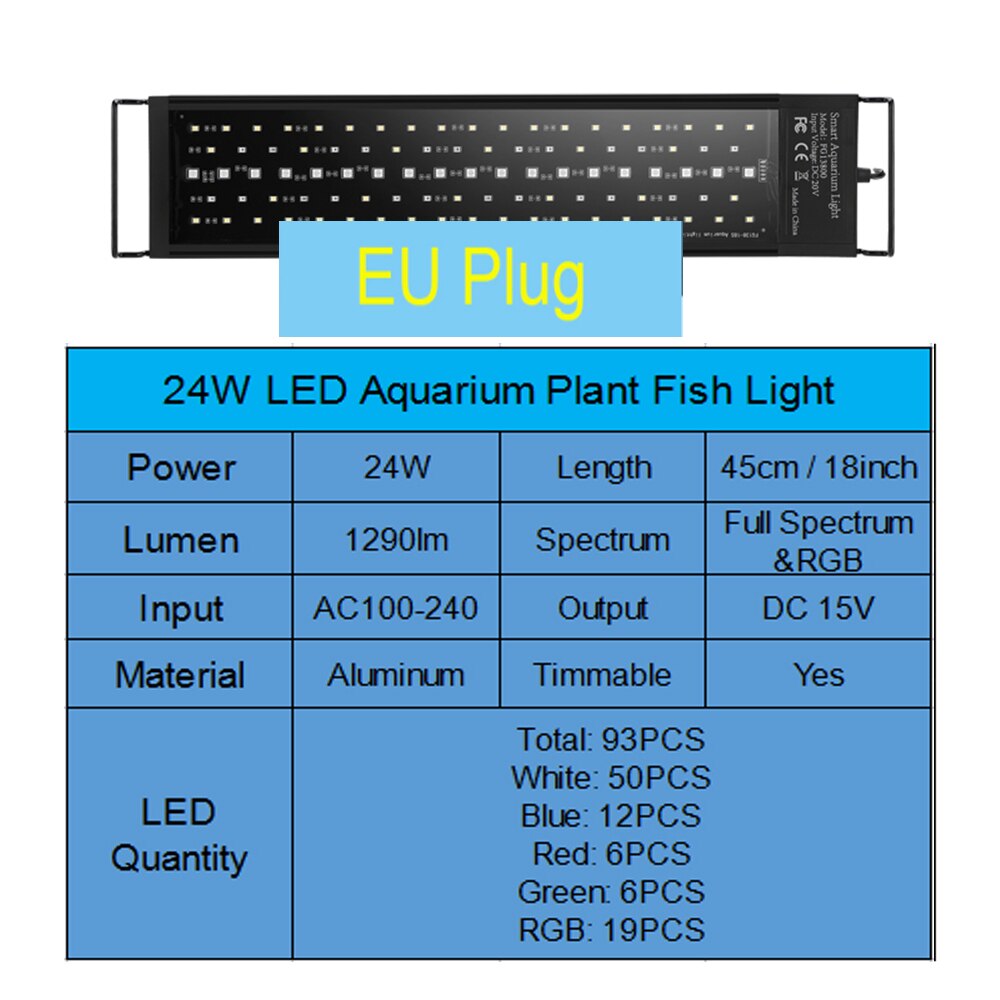 18W 24W Aquarium Light Full Spectrum12inch 18inch Programmable Light Aquarium Timer Sunrise Sunset for RGB Plant Fish Tank Lamps: A45cm-24W-EU
