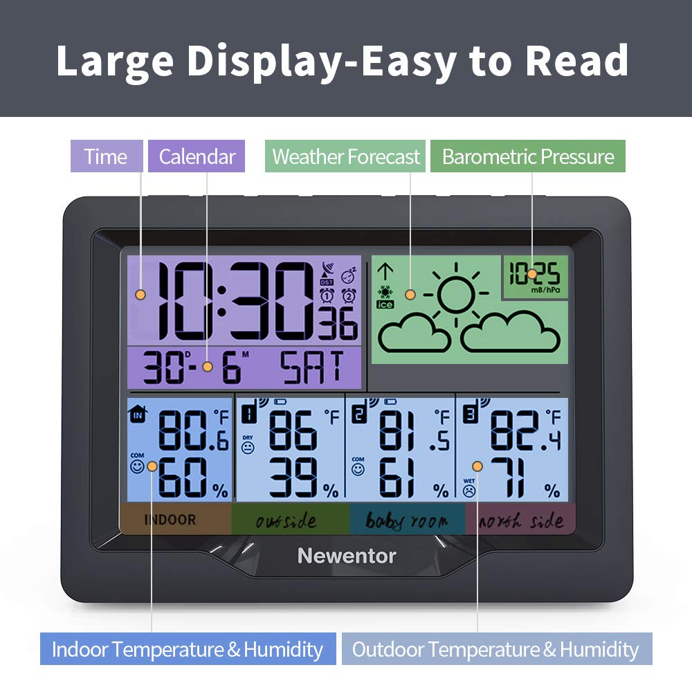 Newentor Weather Station Digital Temperature HumidityThermometer Wireless Hygrometer With 3 Sensor Indoor Outdoor Monitor 7.5"