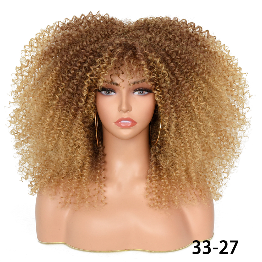 Pelucas rubias de pelo corto para mujeres negras, Afro, rizado, flequillo, Cosplay, Lolita, sintético, Marrón Natural, mezclado: 4/27HL