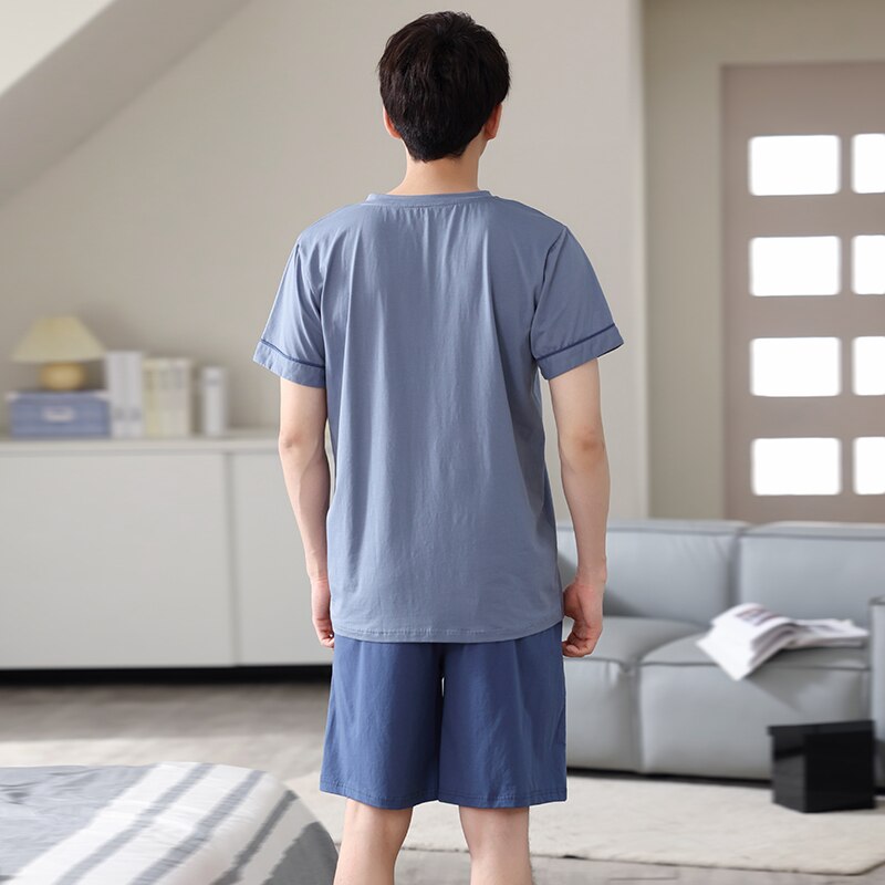 Men Pajamas Set 100% Cotton Short Sleeve Sleepwear Male Pyjamas Casual Home Clothing