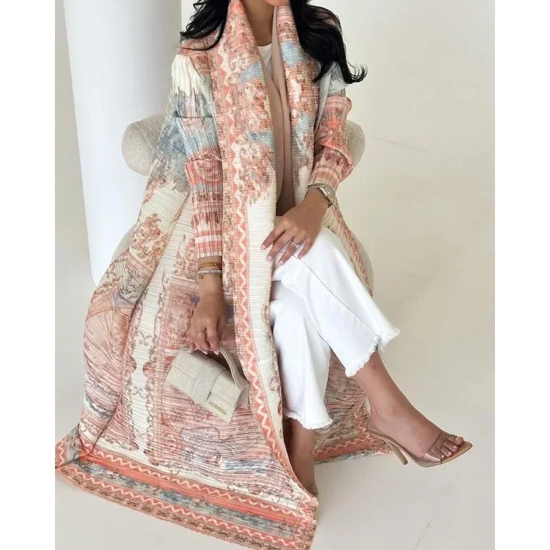 KAF Plissee Frauen Graben Mantel Jahrgang Gedruckt Strickjacke verlieren Plus Größe Frauen Lange Kleid Dubai Weibliche Luxus Abaya 2024