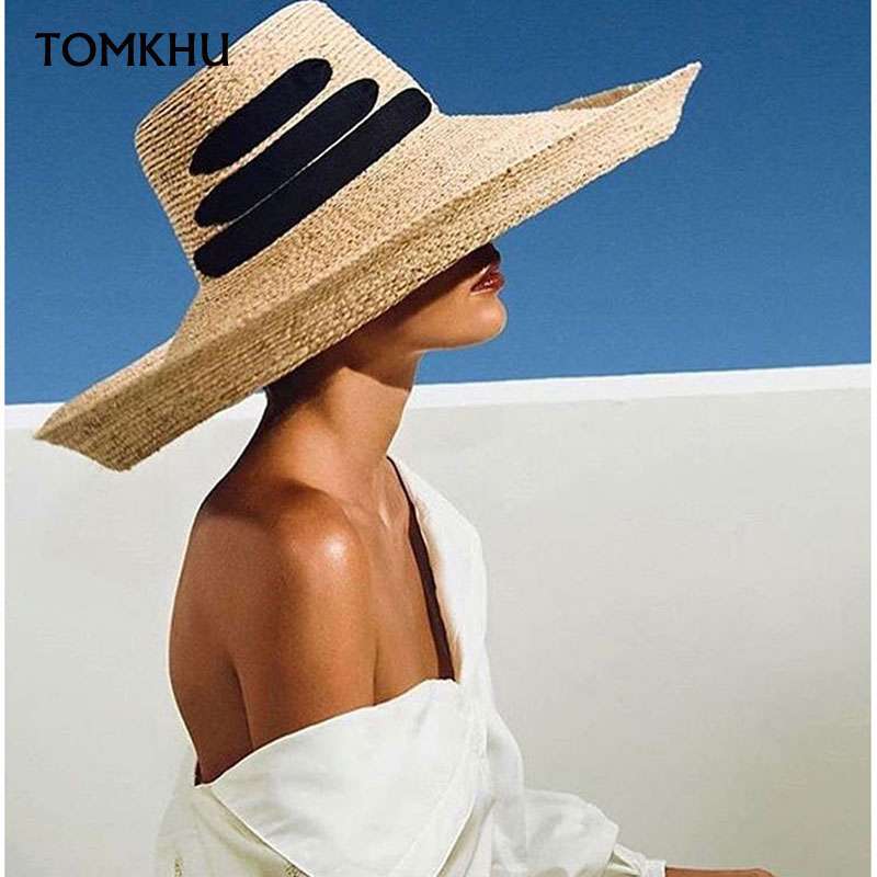 Mode Zwarte Bandage Lint Dames Raffia Hoed Roll Up Kentucky Derby Zonnehoed Grote Brede Rand Zomer Strand stro Cap