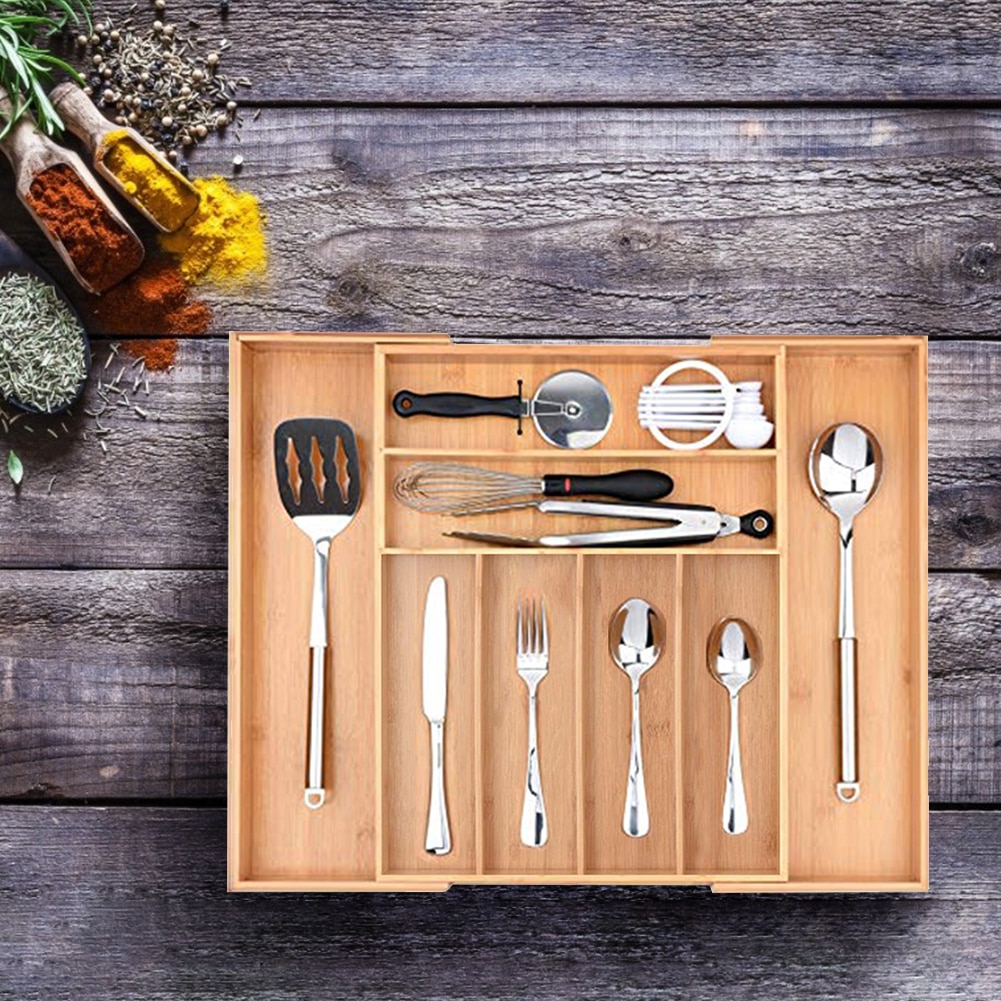 9 Grid Kitchen Non-Retractable Bamboo Cutlery Tray Storage Box Tableware Storage Box Kitchen Jewelry Tools Drawer Organizer