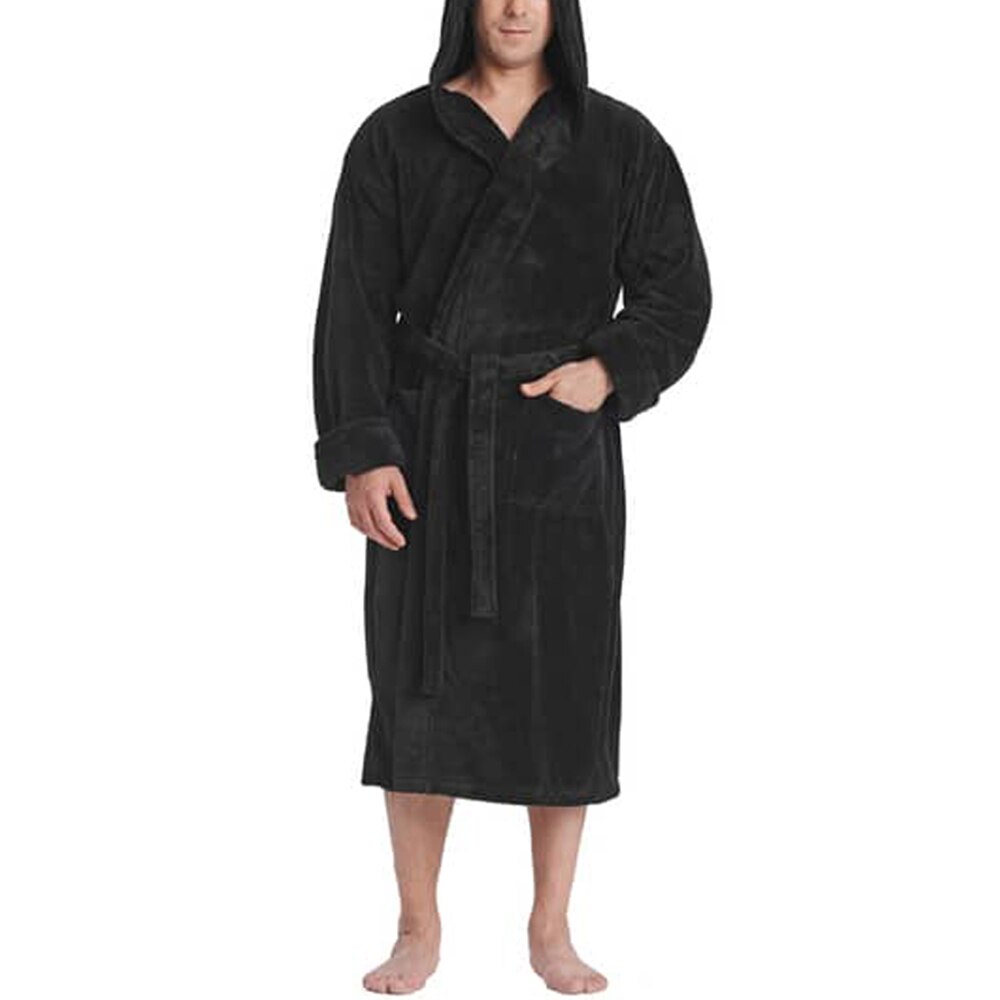 Winterbadjas heren effen fleece warme casual badjas herenkleding homewear loungewear nachtkleding badjassen plus size: Zwart / M