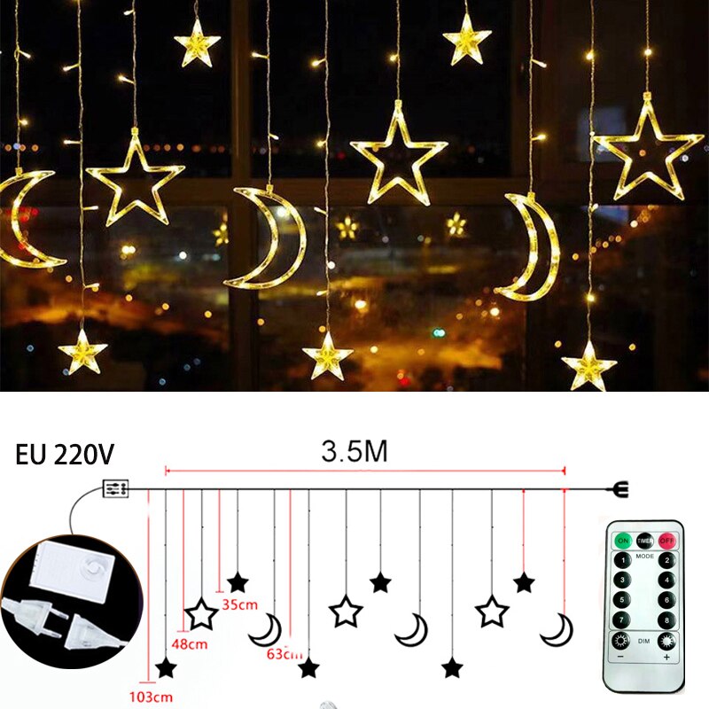 Mond Sterne LED Lichterkette Schnur Weihnachten Neue Jahr Girlande Vorhang Lampe Ramadan Dekoration Für Heimat Schlafzimmer Fenster Eid Mubarak: 220v romote