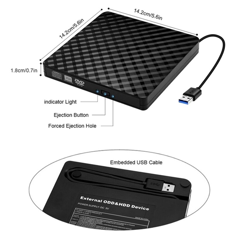 Externe Cd Dvd Drive, usb 3.0 En Type-C Draagbare Cd Dvd +/-Rw Drive Reader, dvd/Cd Rom Brander Rewriter, Dvd Drive