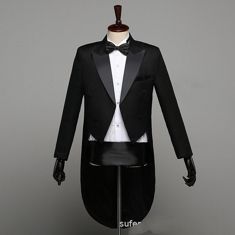 Tuxedo Dress XS-XL Men Classic Black Shiny Lapel Tail Coat Tuxedo Wedding Groom Stage Singer 2-Piece Suits Dress Coat Tails: Black / S