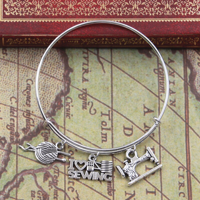 Zilverkleurig metaal dames vintage ik hou van breien naaimachine garen schaar bedels accessoire mannen armbanden sieraden