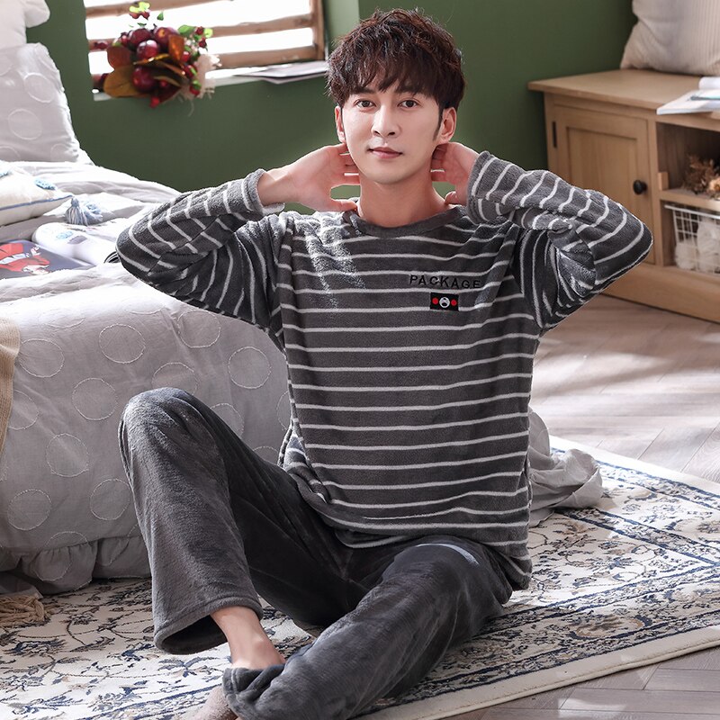 Winterpaar lange mouwen casual gestreepte dikke warme flanellen pyjamasets voor dames koraal fluwelen nachtkleding pyjama heren homewear kleding: Heren / Xl